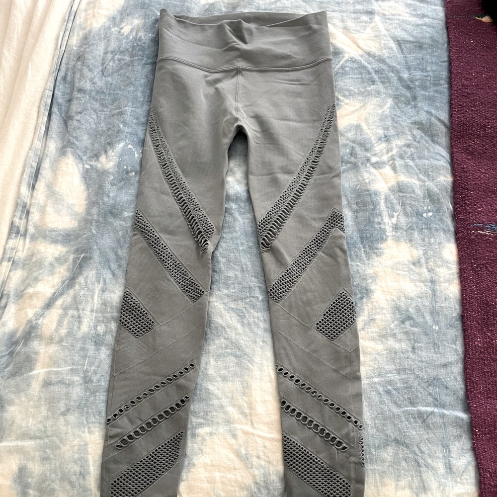 ALO Yoga high-waisted 7/8 leggings w/ cut-outs. No longer in prod. Med-Grey/Blue